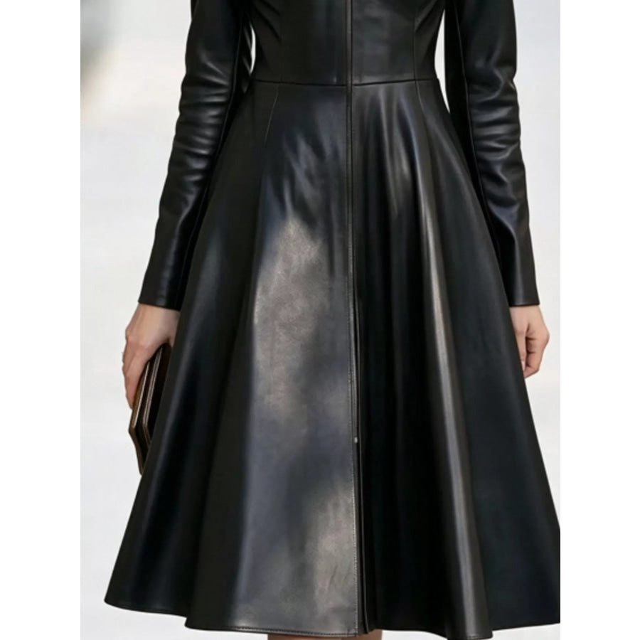 Faux Leather Zip-Front A-Line Midi Dress Apparel and Accessories