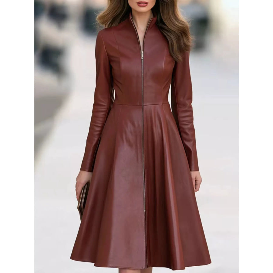 Faux Leather Zip-Front A-Line Midi Dress Burgundy / S Apparel and Accessories