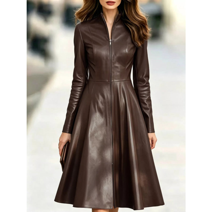 Faux Leather Zip-Front A-Line Midi Dress Chocolate / S Apparel and Accessories