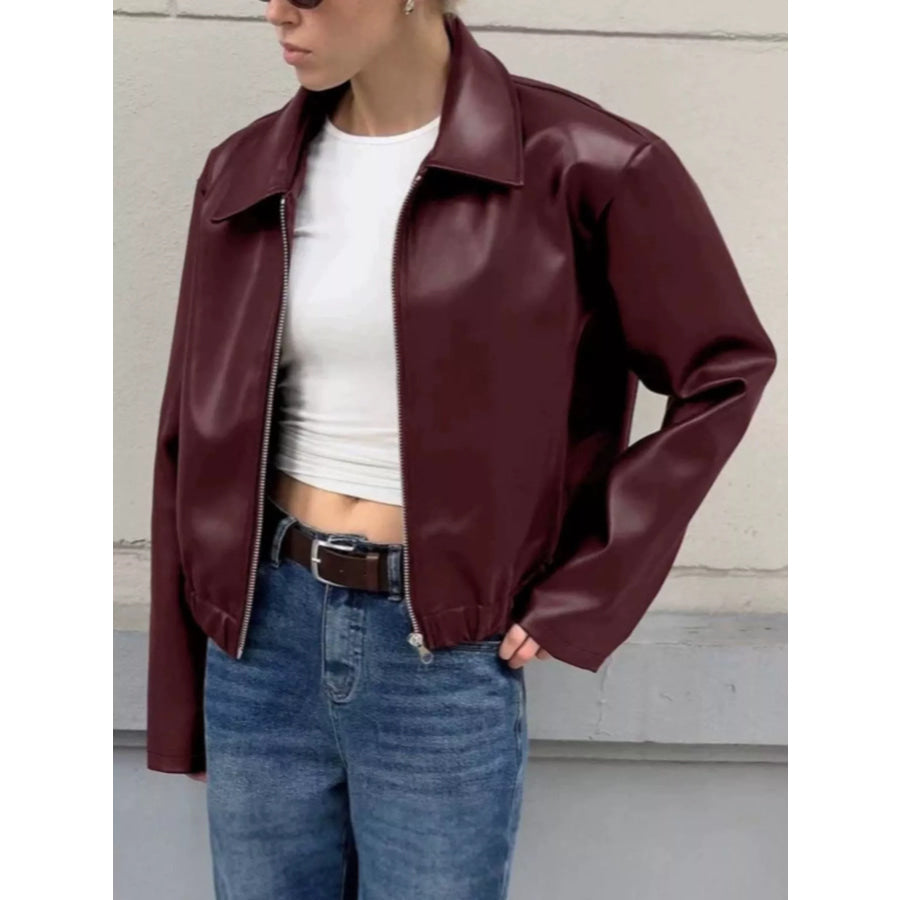 Faux Leather Zip Up Jacket Apparel and Accessories