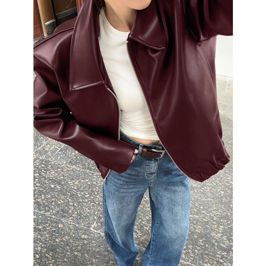 Faux Leather Zip Up Jacket Apparel and Accessories