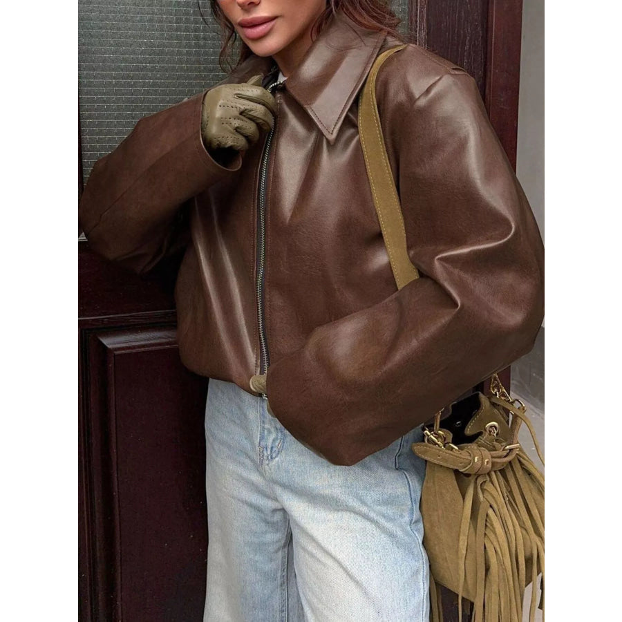 Faux Leather Zip Up Jacket Apparel and Accessories