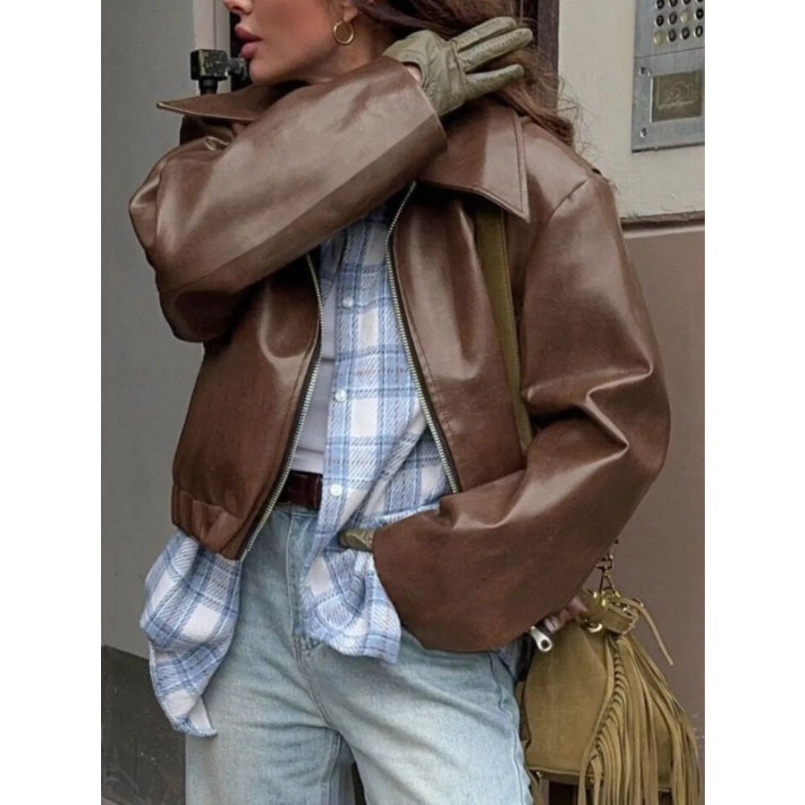 Faux Leather Zip Up Jacket Apparel and Accessories