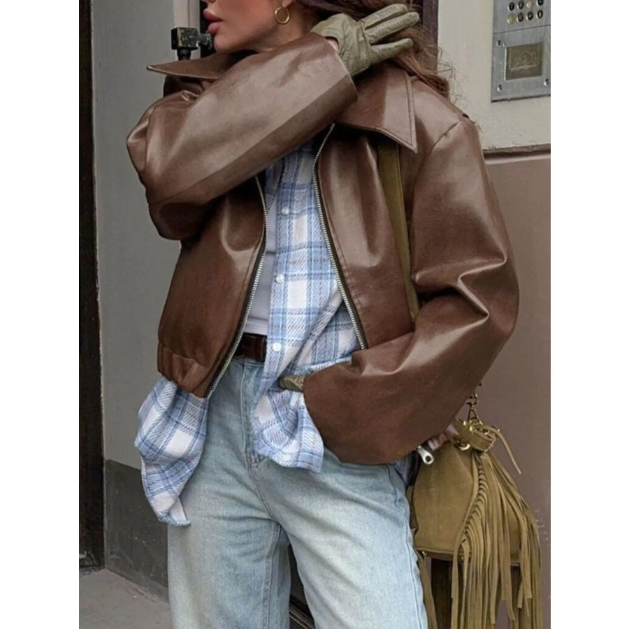 Faux Leather Zip Up Jacket Apparel and Accessories