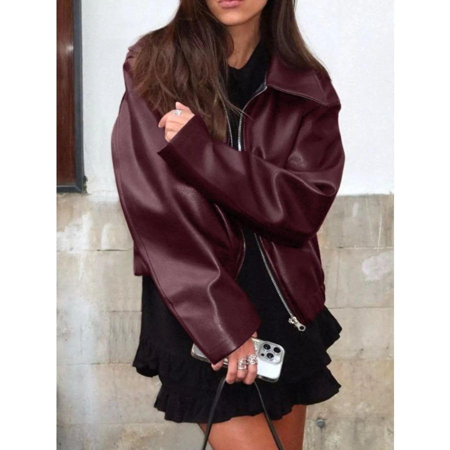 Faux Leather Zip Up Jacket Apparel and Accessories