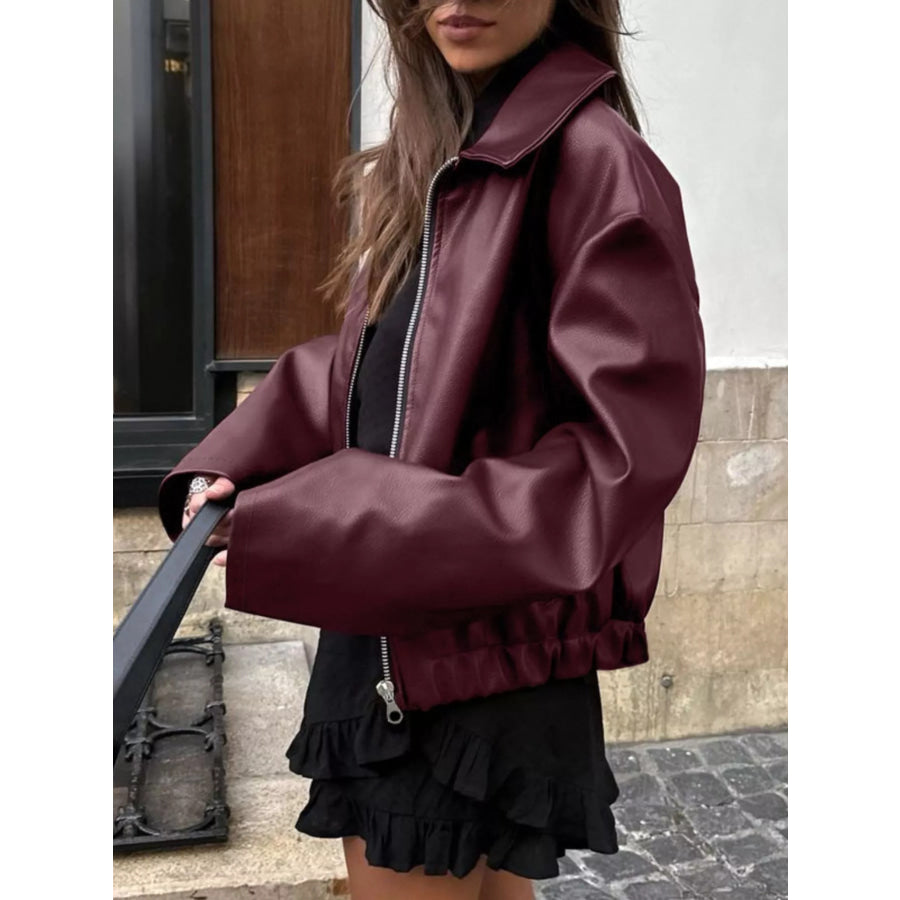 Faux Leather Zip Up Jacket Apparel and Accessories