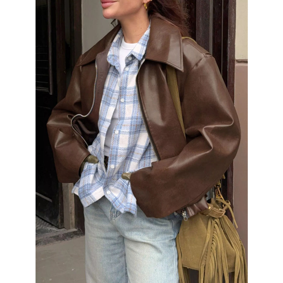 Faux Leather Zip Up Jacket Brown / S Apparel and Accessories