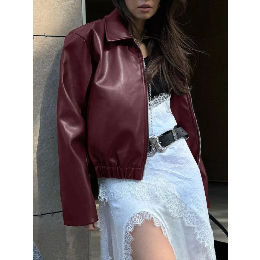 Faux Leather Zip Up Jacket Apparel and Accessories