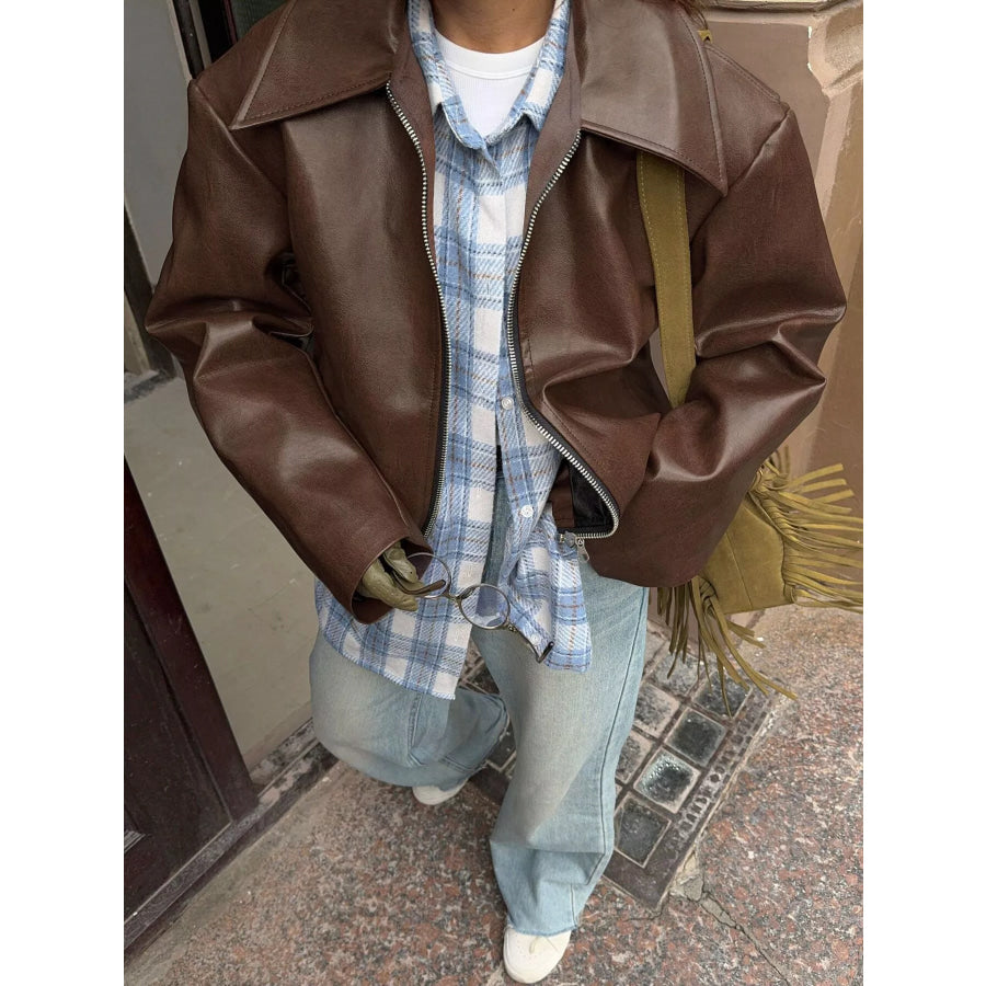 Faux Leather Zip Up Jacket Apparel and Accessories