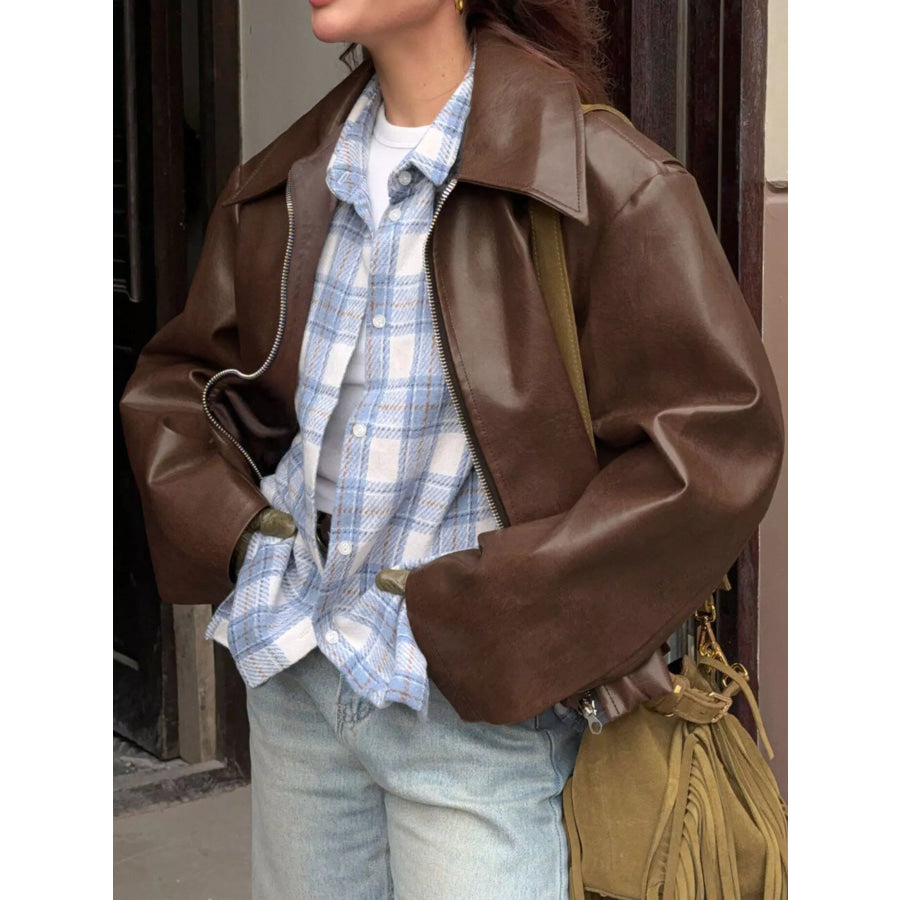 Faux Leather Zip Up Jacket Apparel and Accessories