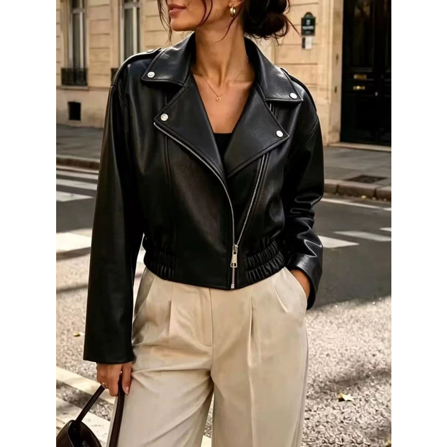 Faux Leather Zip Up Jacket Black / S Apparel and Accessories