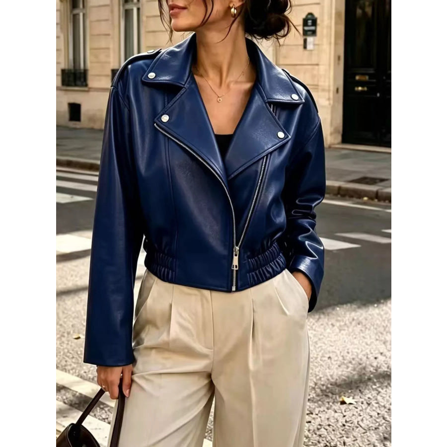 Faux Leather Zip Up Jacket Blue / S Apparel and Accessories