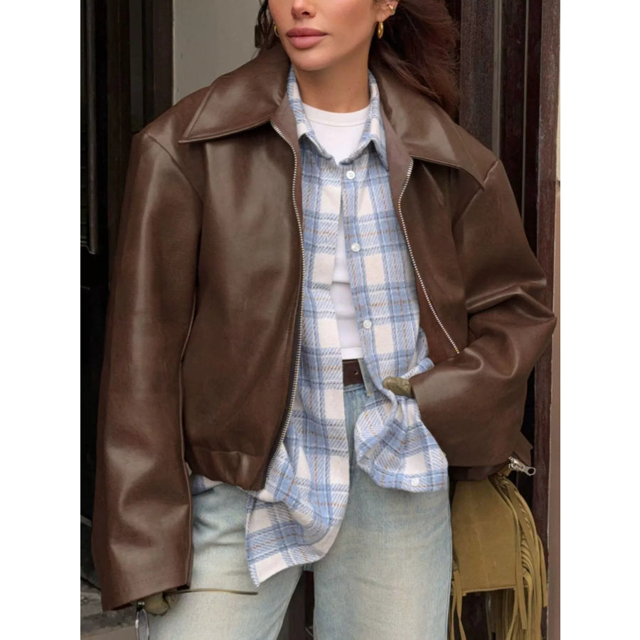 Faux Leather Zip Up Jacket Brown / S Apparel and Accessories