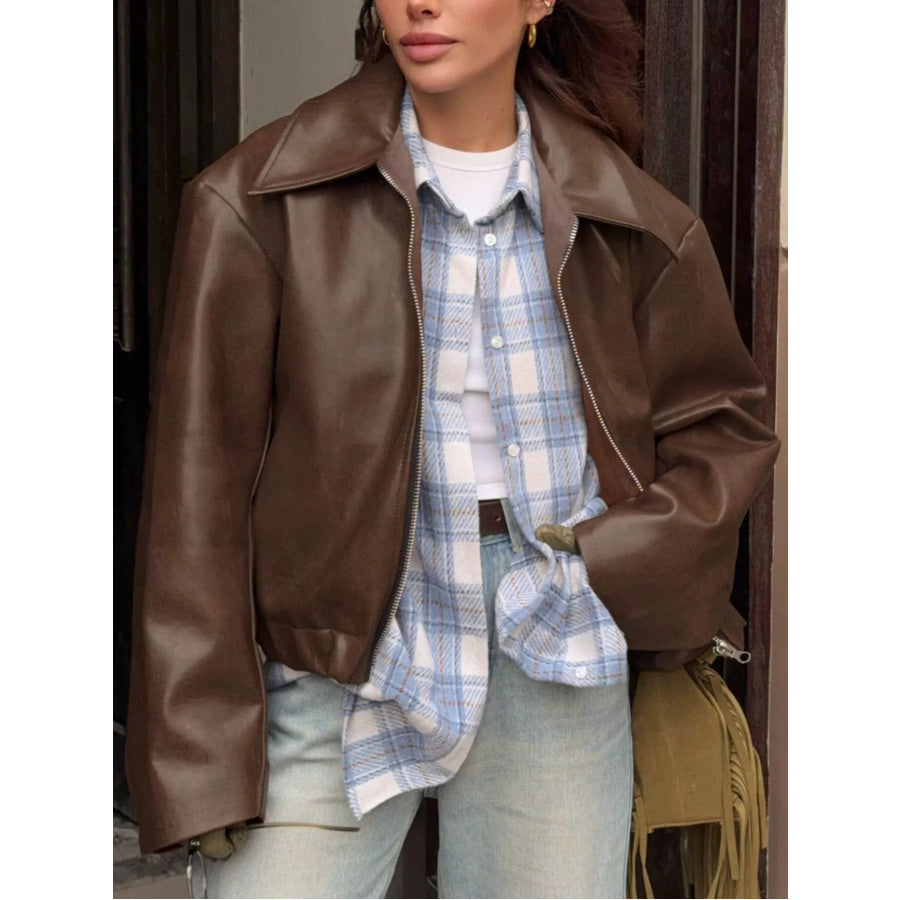 Faux Leather Zip Up Jacket Brown / S Apparel and Accessories