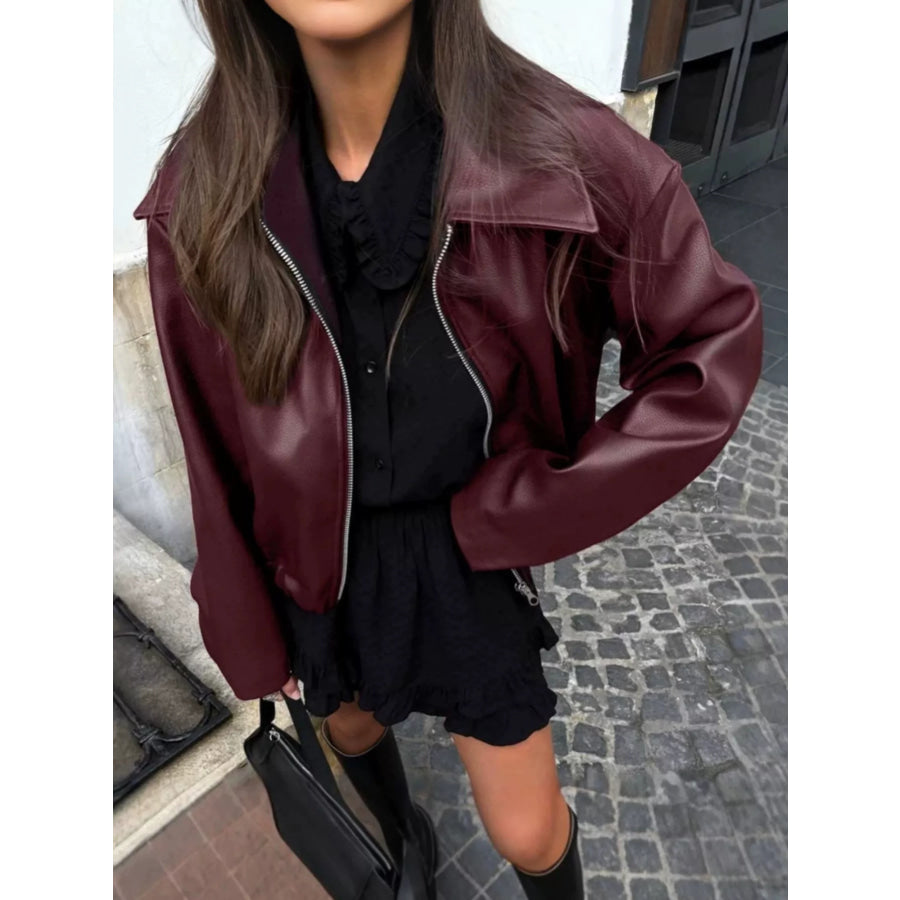 Faux Leather Zip Up Jacket Burgundy / S Apparel and Accessories