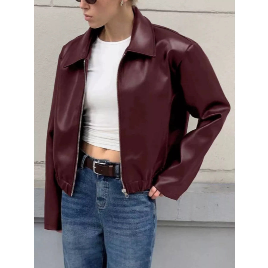 Faux Leather Zip Up Jacket Burgundy / S Apparel and Accessories