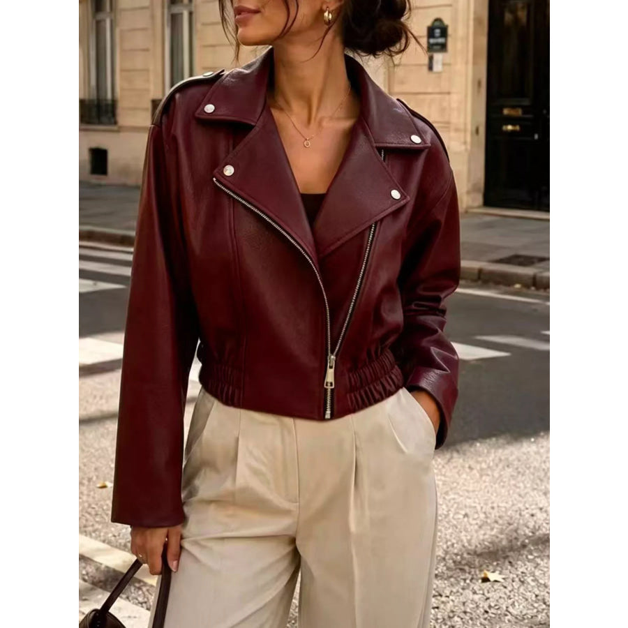 Faux Leather Zip Up Jacket Burgundy / S Apparel and Accessories