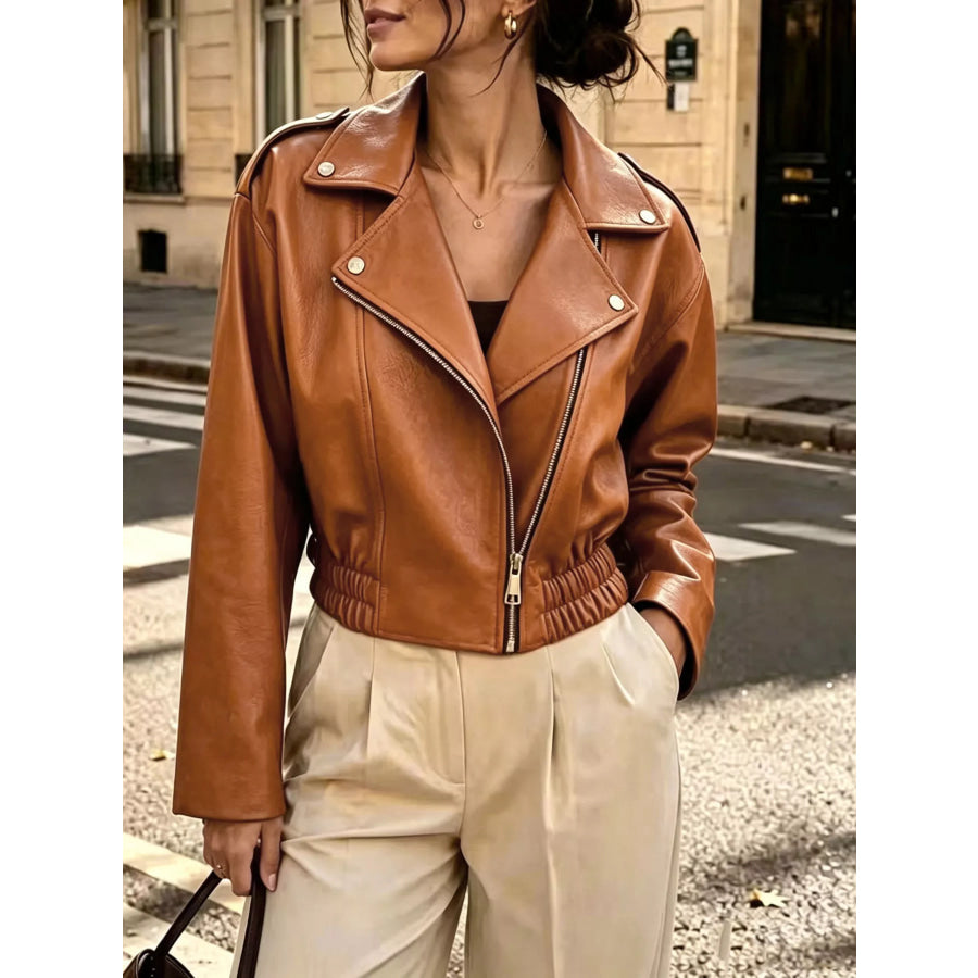 Faux Leather Zip Up Jacket Caramel / S Apparel and Accessories