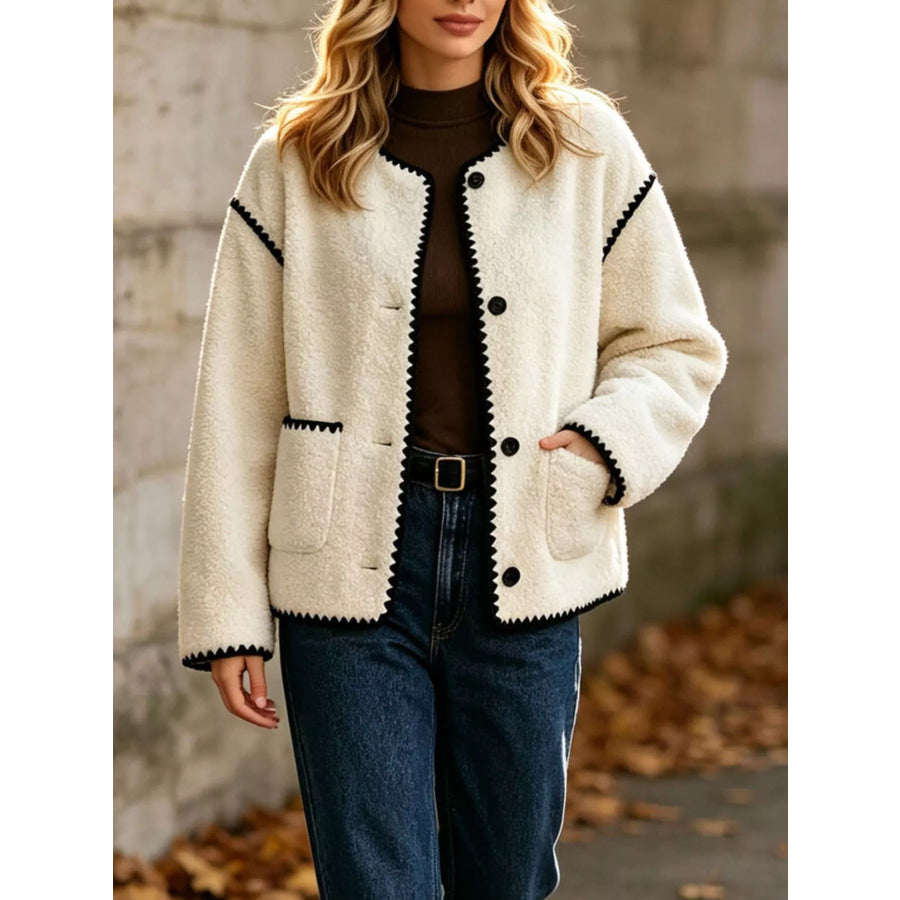 Faux Shearling Contrast Trim Button-Down Outerwear Apparel and Accessories