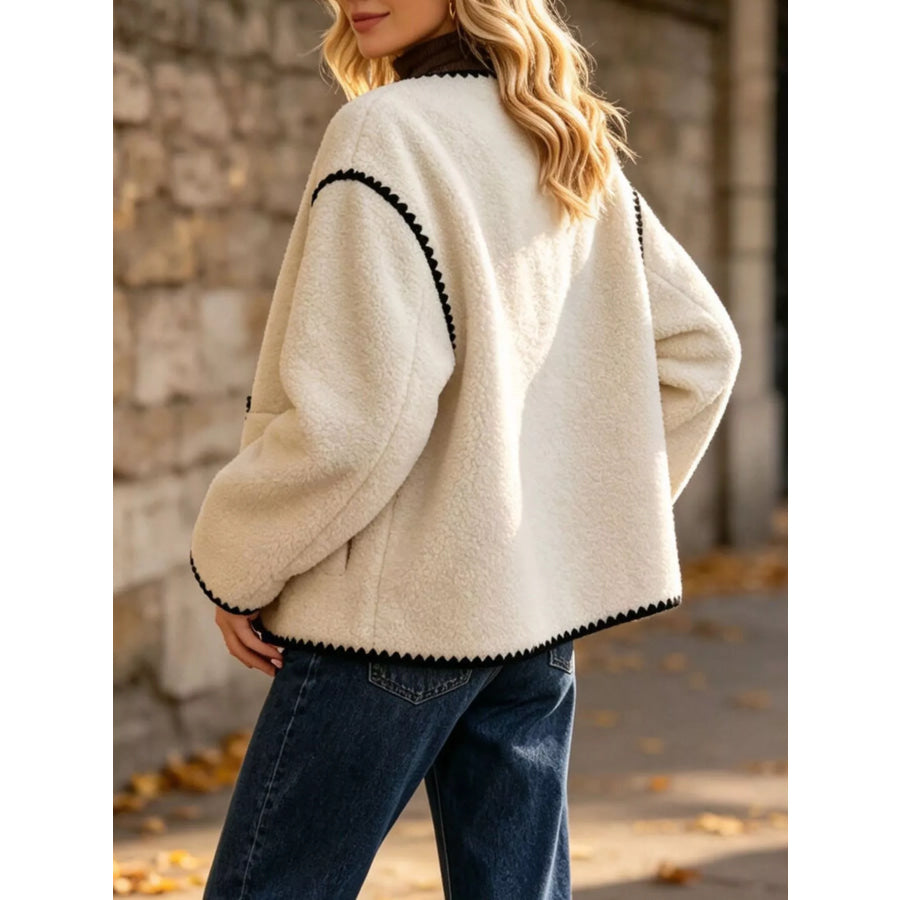 Faux Shearling Contrast Trim Button-Down Outerwear Apparel and Accessories