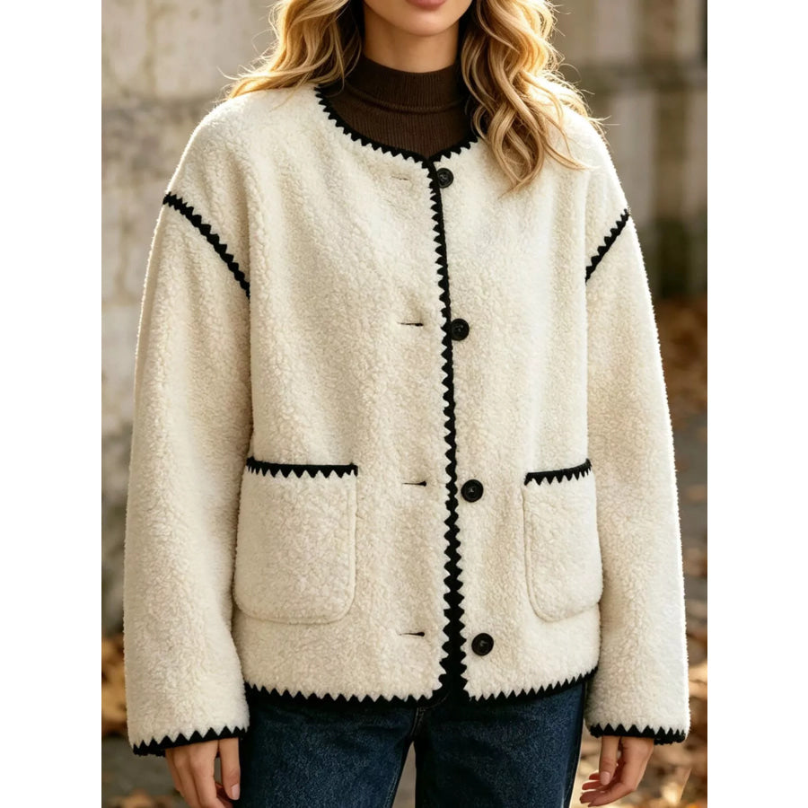 Faux Shearling Contrast Trim Button-Down Outerwear Apparel and Accessories