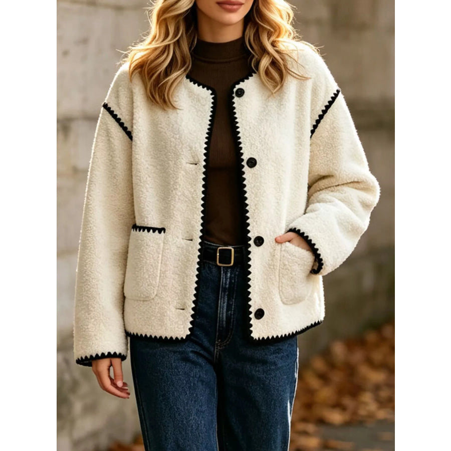 Faux Shearling Contrast Trim Button-Down Outerwear White / S Apparel and Accessories