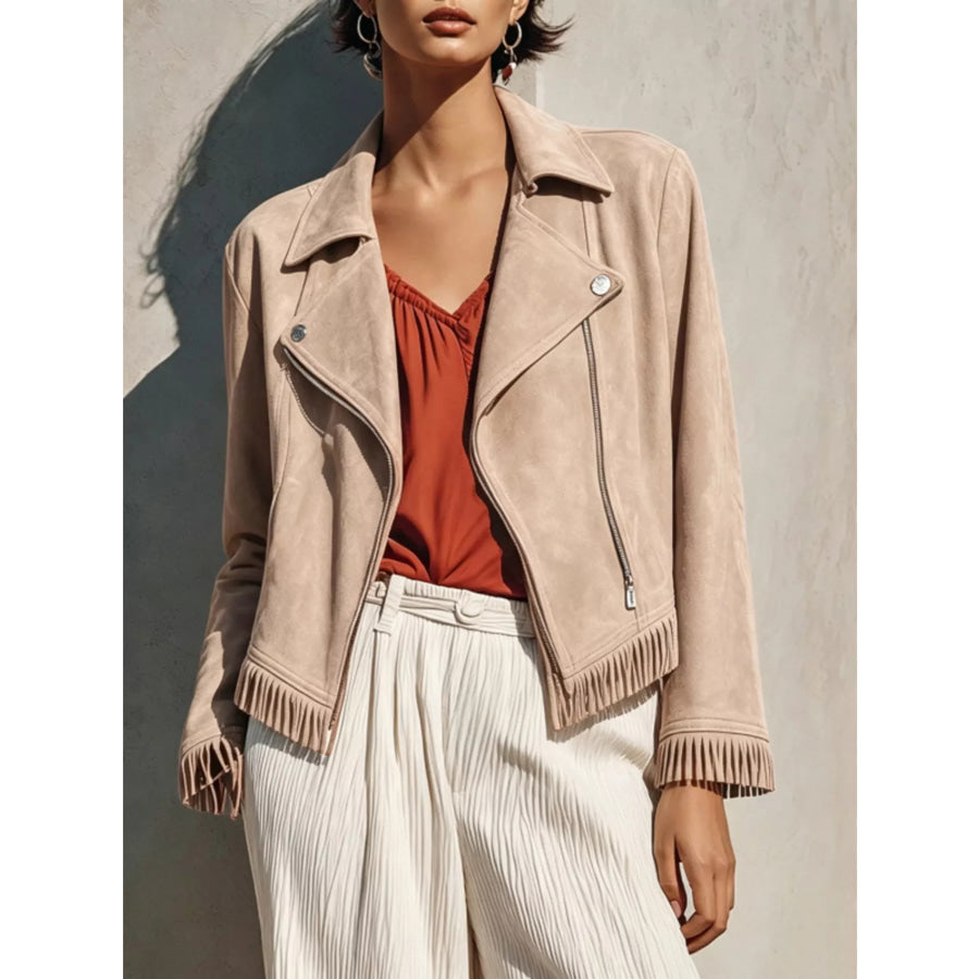 Faux Suede Fringe Moto Jacket Beige / S Apparel and Accessories