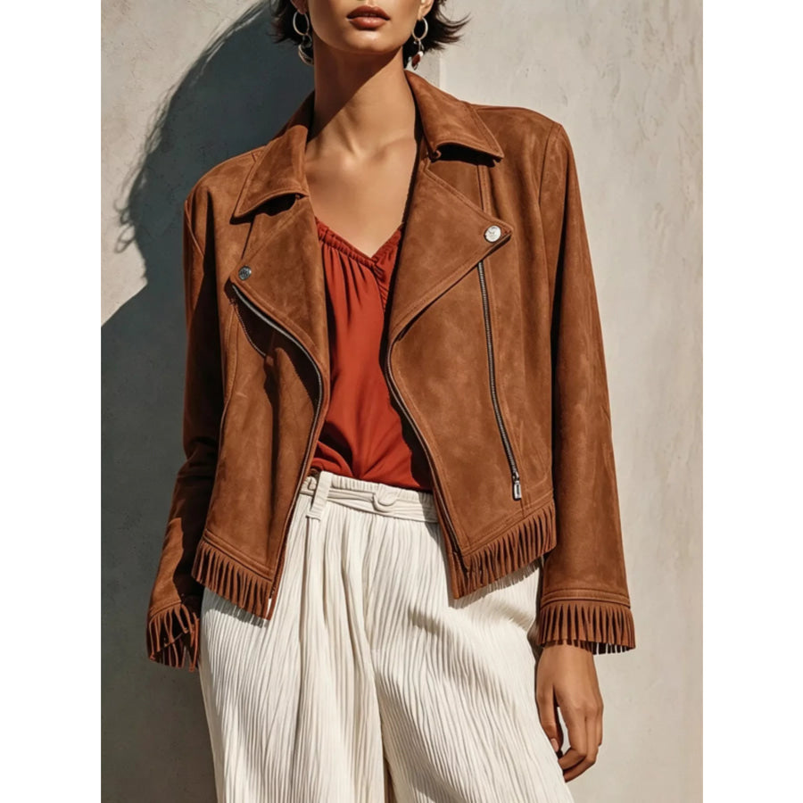 Faux Suede Fringe Moto Jacket Caramel / S Apparel and Accessories