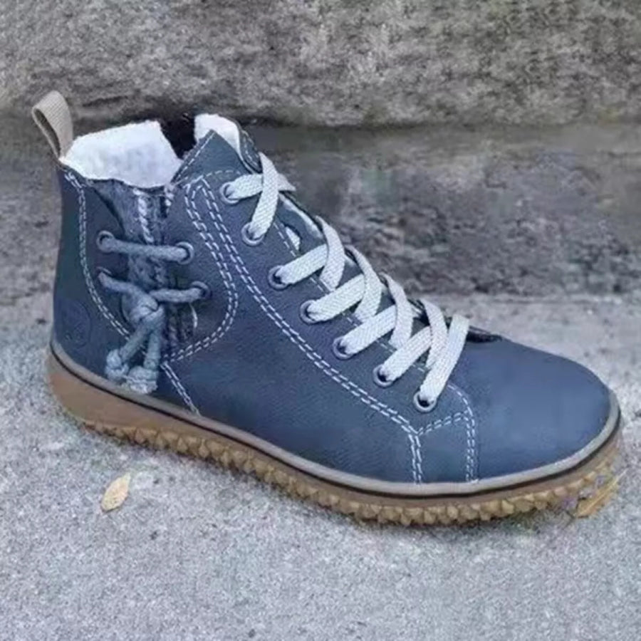 Faux Suede Lace-Up Ankle Boots with Warm Fleece Lining Blue / 35 Apparel and Accessories