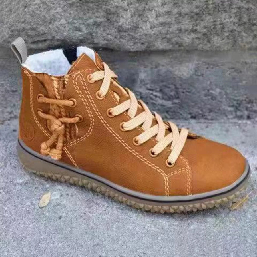 Faux Suede Lace-Up Ankle Boots with Warm Fleece Lining Brown / 35 Apparel and Accessories