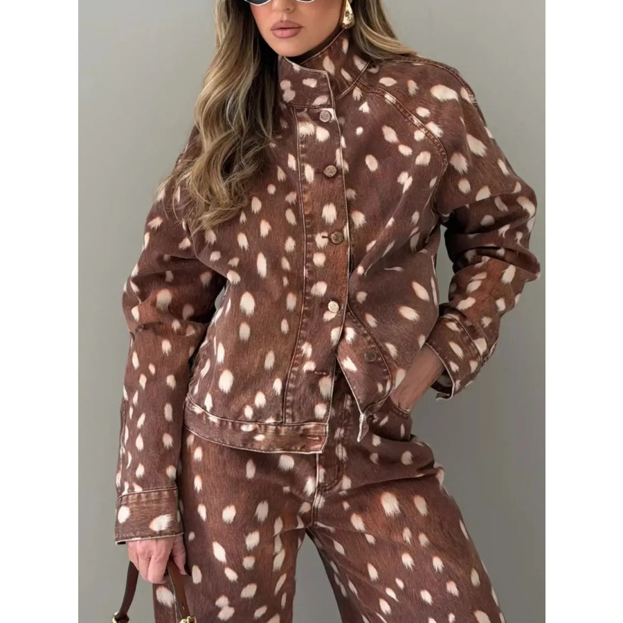 Fawn-Print Button Down Denim Jacket Dark Brown / S