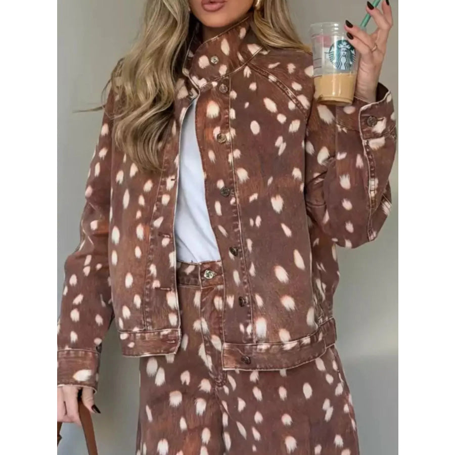 Fawn-Print Button Down Denim Jacket Dark Brown / S
