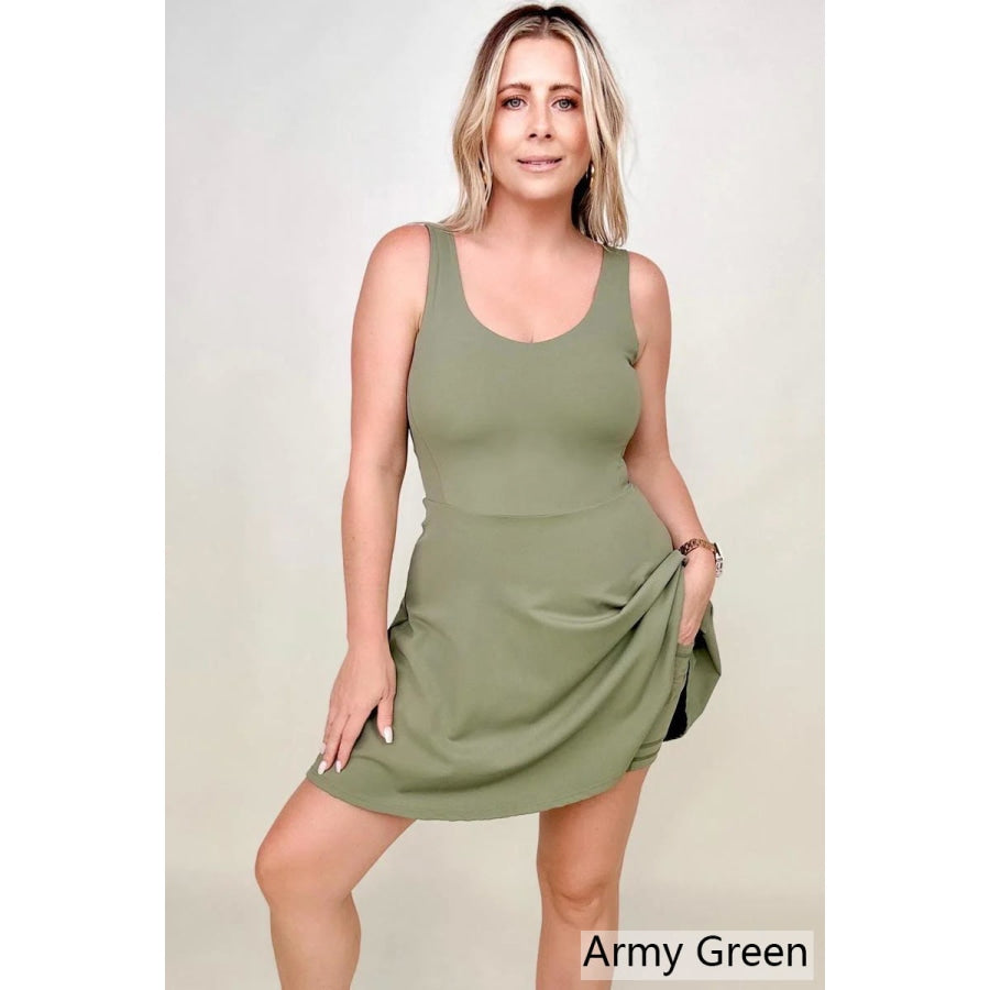 Fawnfit 3 in 1 Athleisure Mini Tank Dress with Built-in Bra &amp; Shorts Army Green / S Mini Dresses