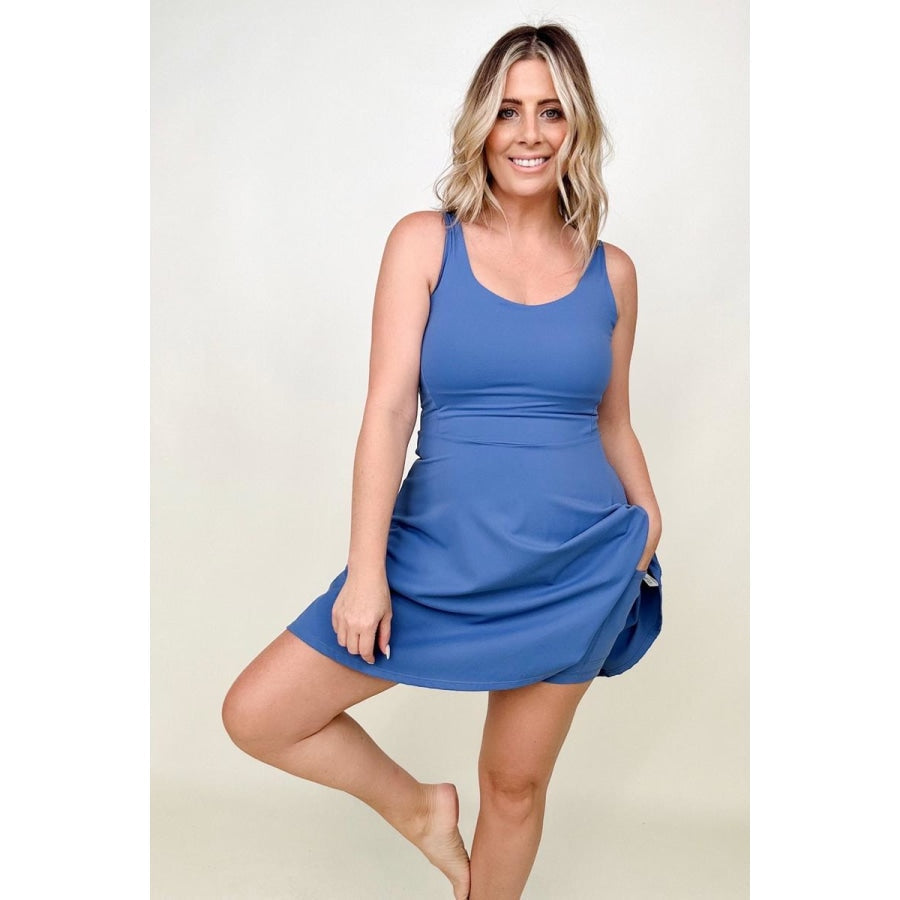 Fawnfit 3 in 1 Athleisure Mini Tank Dress with Built-in Bra &amp; Shorts Blue / S Mini Dresses