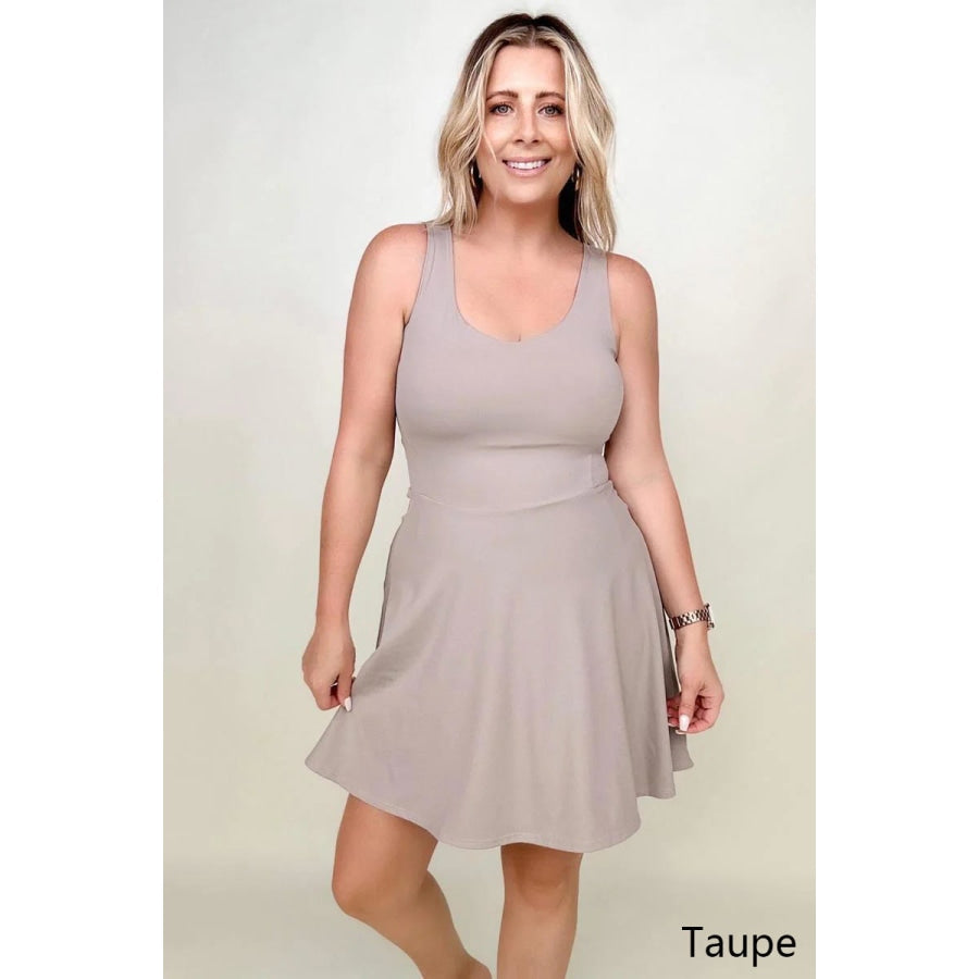 Fawnfit 3 in 1 Athleisure Mini Tank Dress with Built-in Bra &amp; Shorts Taupe / S Mini Dresses
