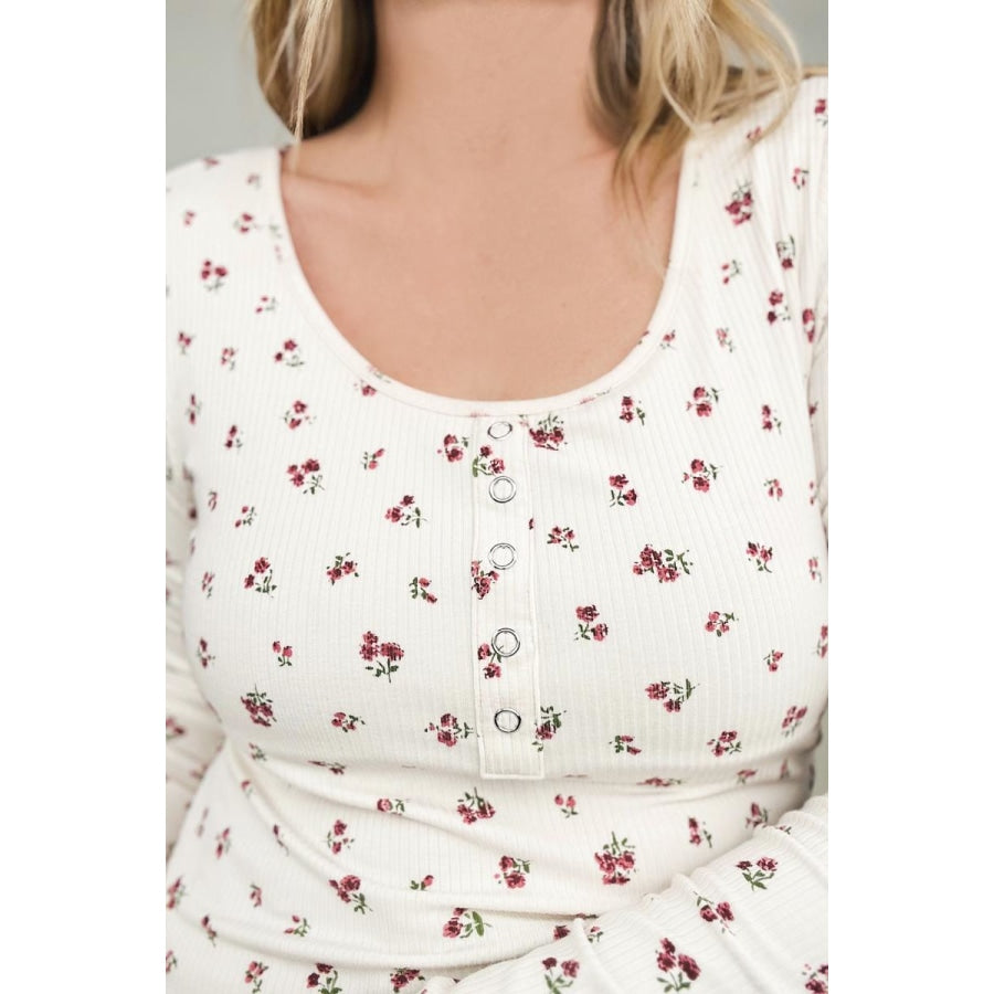 FawnFit Ditsy Floral Henley Long Sleeve Top Blouses