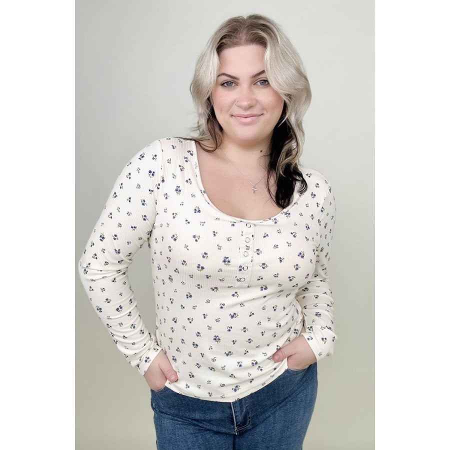 FawnFit Ditsy Floral Henley Long Sleeve Top Blouses