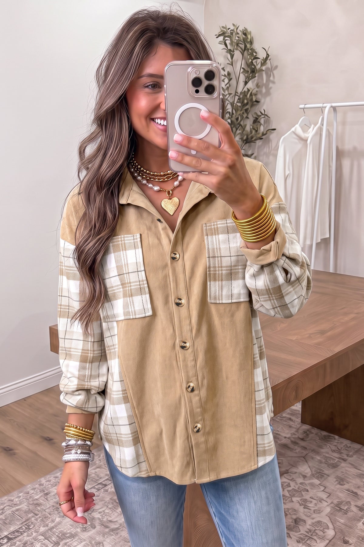 Light French Beige Plaid Colorblock Shirt Collar Shift Shacket