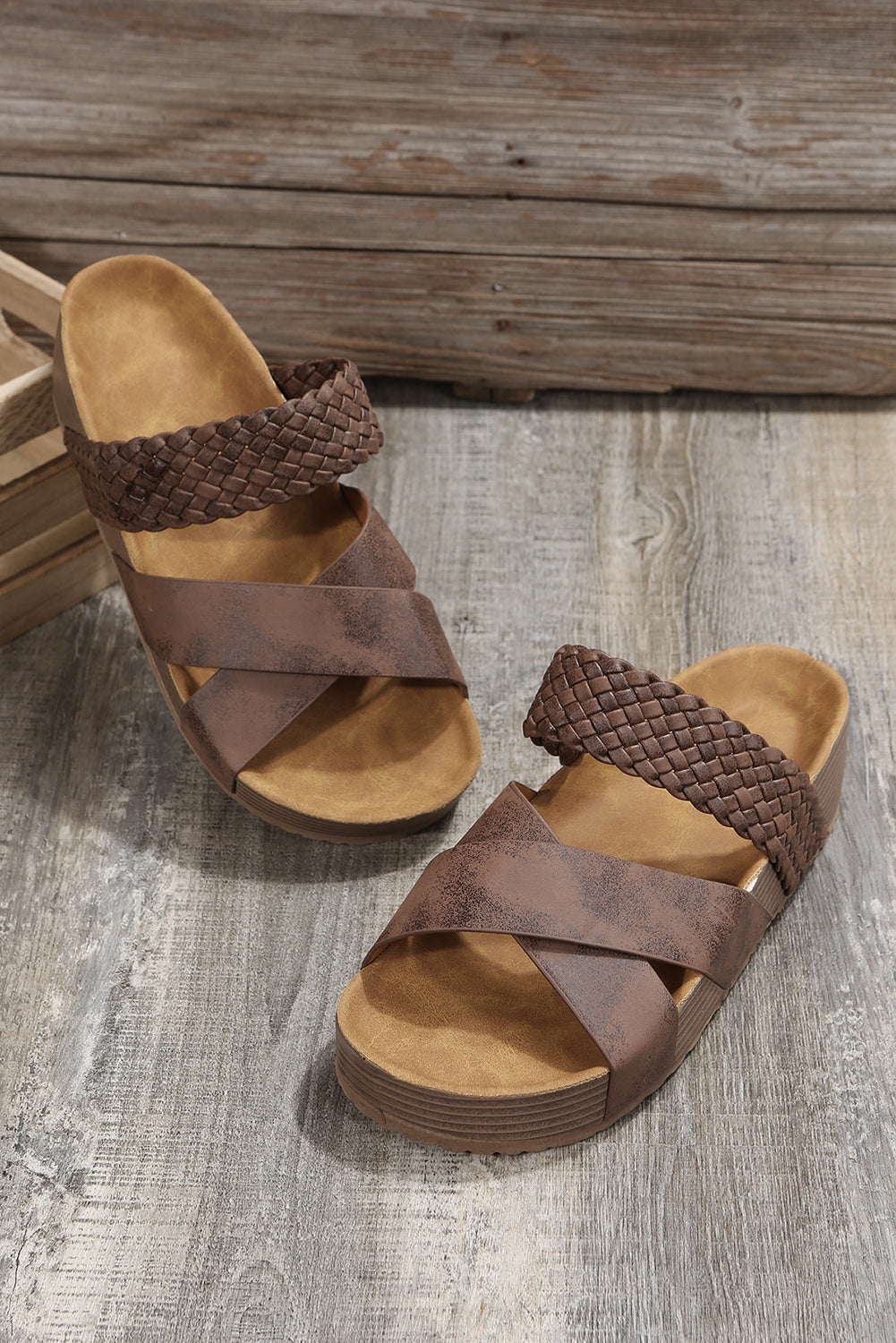 Brown Braided Detail Criss Cross Platform Slippers Shoes &amp; Bags/Slippers