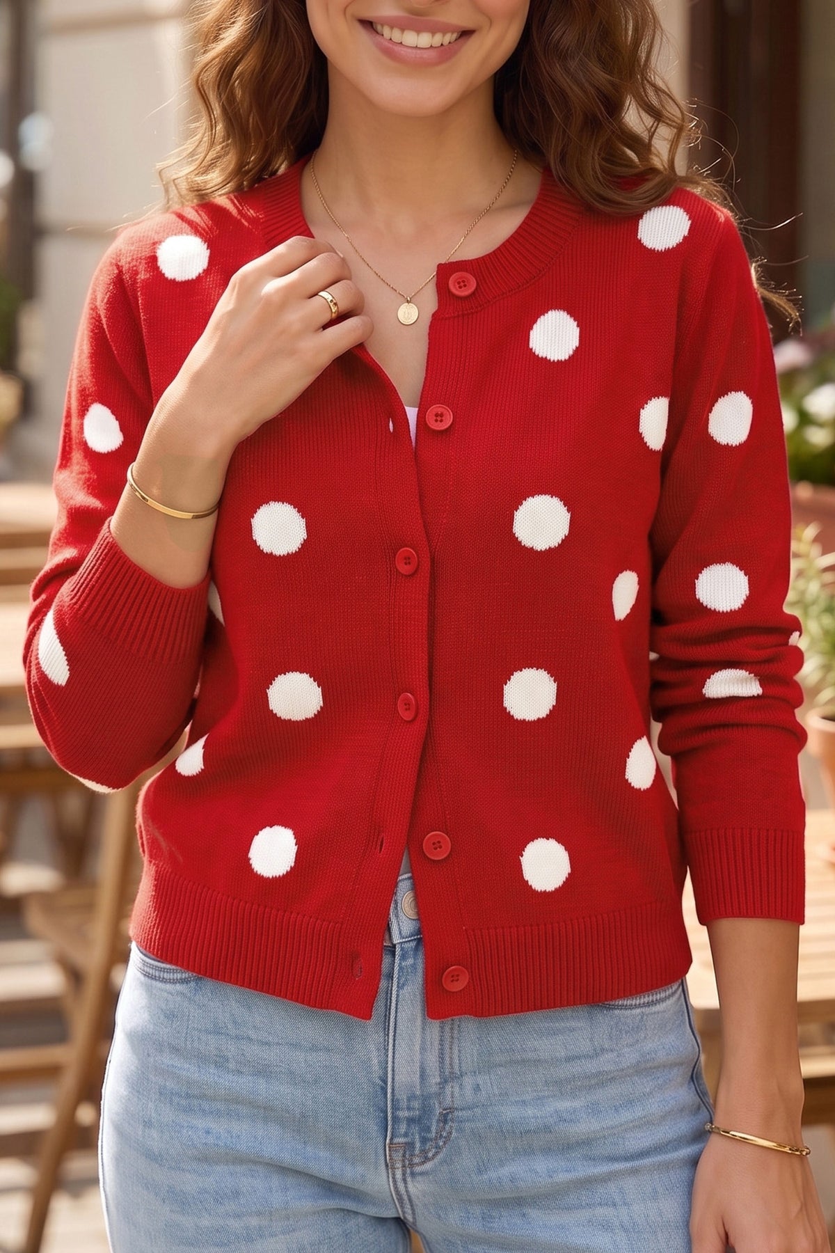 Fiery Red Casual Polka Dot Button Front Long Sleeve Sweater Cardigan