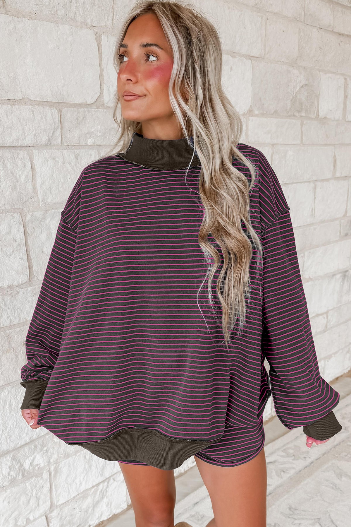 Blue Stripe Ribbed Patchwork Mock Neck Baggy Pullover Matching Shorts Set