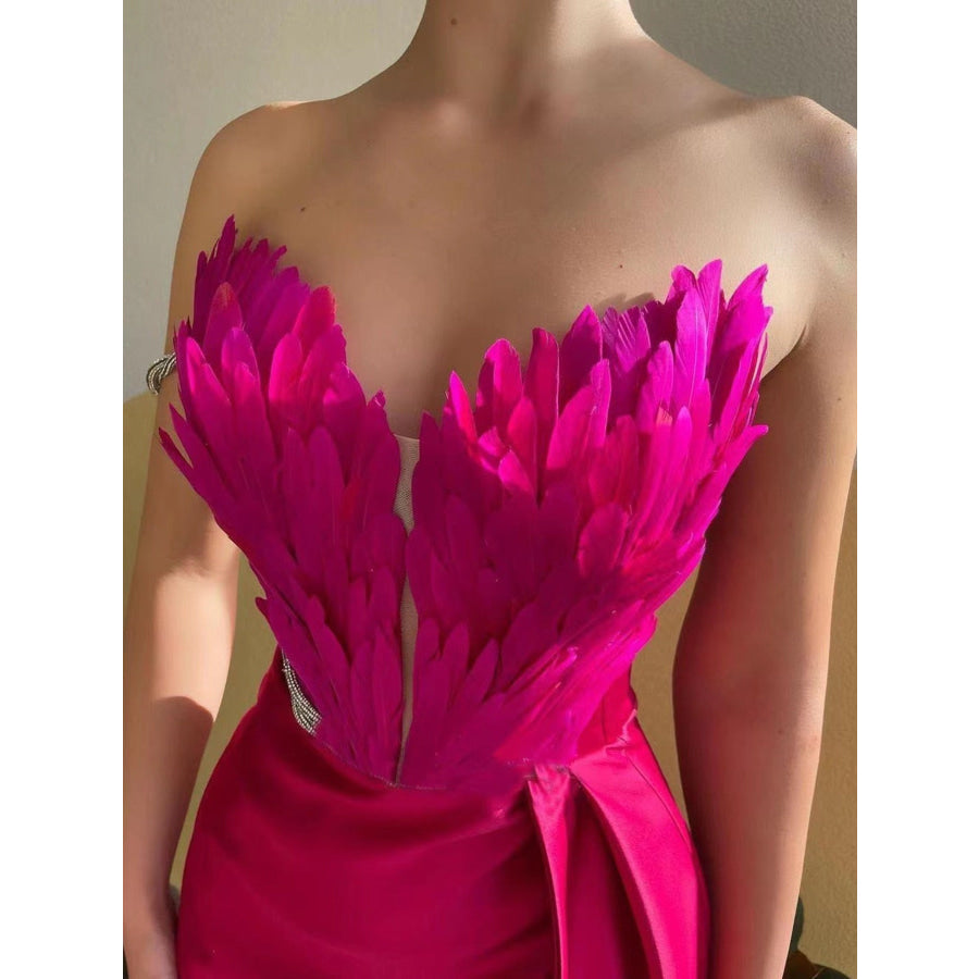 Feather Embellished Slit Maxi Dress Apparel and Accessories