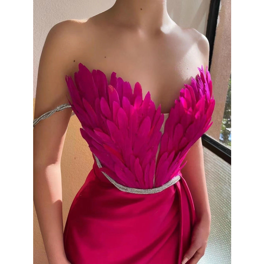 Feather Embellished Slit Maxi Dress Apparel and Accessories