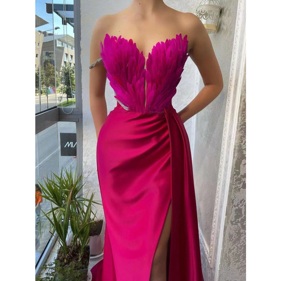 Feather Embellished Slit Maxi Dress Apparel and Accessories