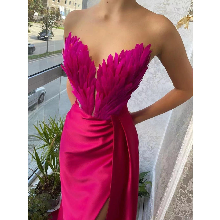 Feather Embellished Slit Maxi Dress Apparel and Accessories