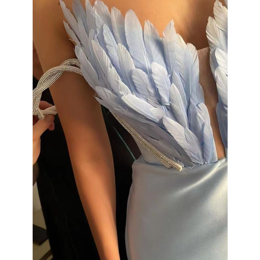 Feather Embellished Slit Maxi Dress Apparel and Accessories