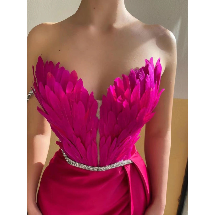 Feather Embellished Slit Maxi Dress Apparel and Accessories