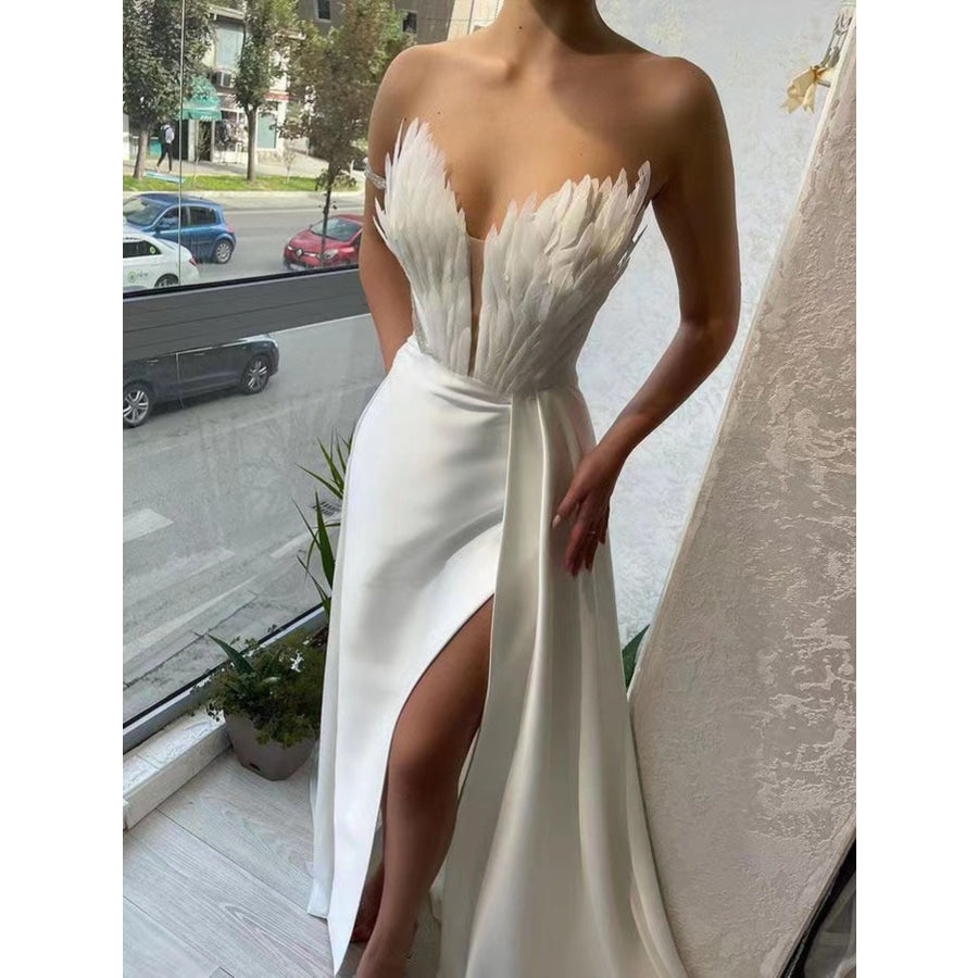Feather Embellished Slit Maxi Dress Apparel and Accessories