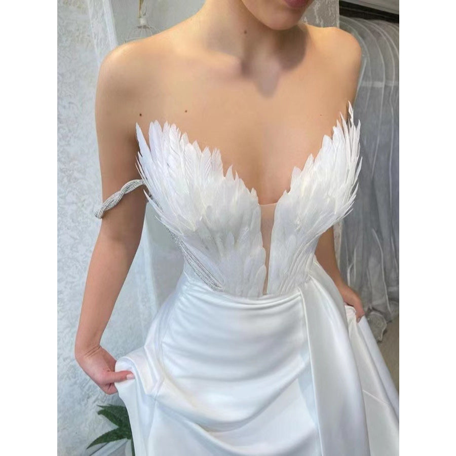 Feather Embellished Slit Maxi Dress Apparel and Accessories