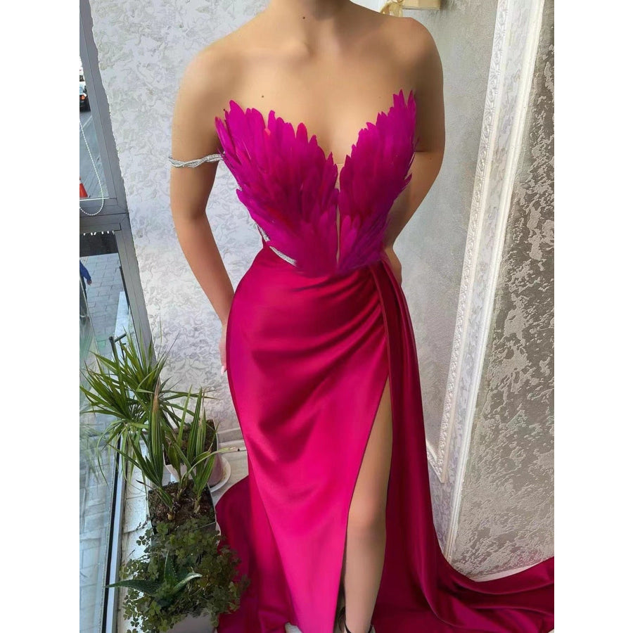 Feather Embellished Slit Maxi Dress Rose Red / S Apparel and Accessories